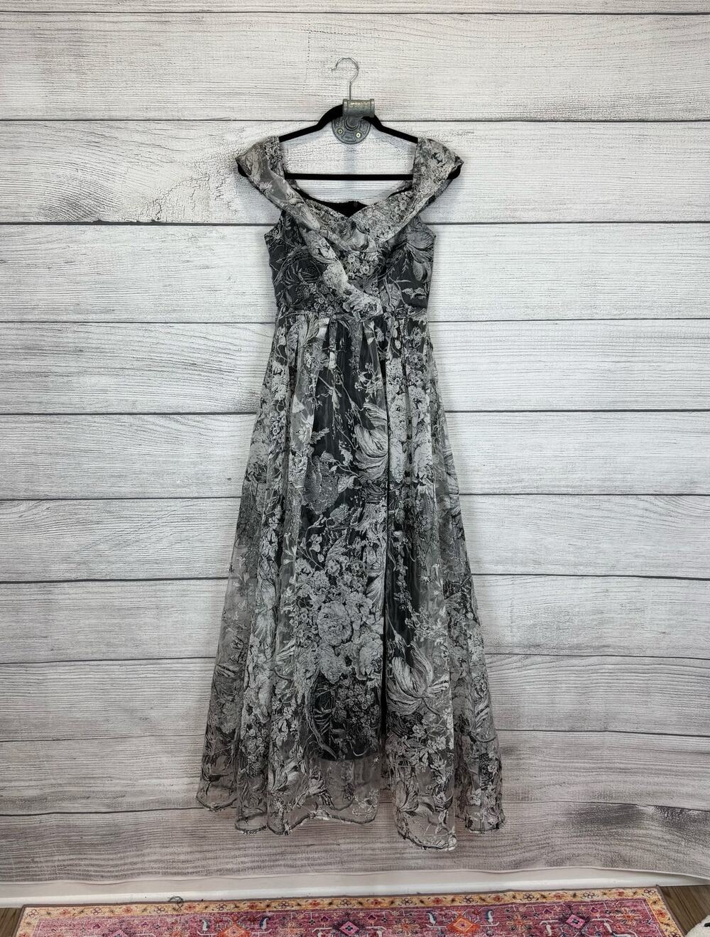 Toleen Women's Grey & Black Floral Off The Shoulder Maxi Dress Size Small